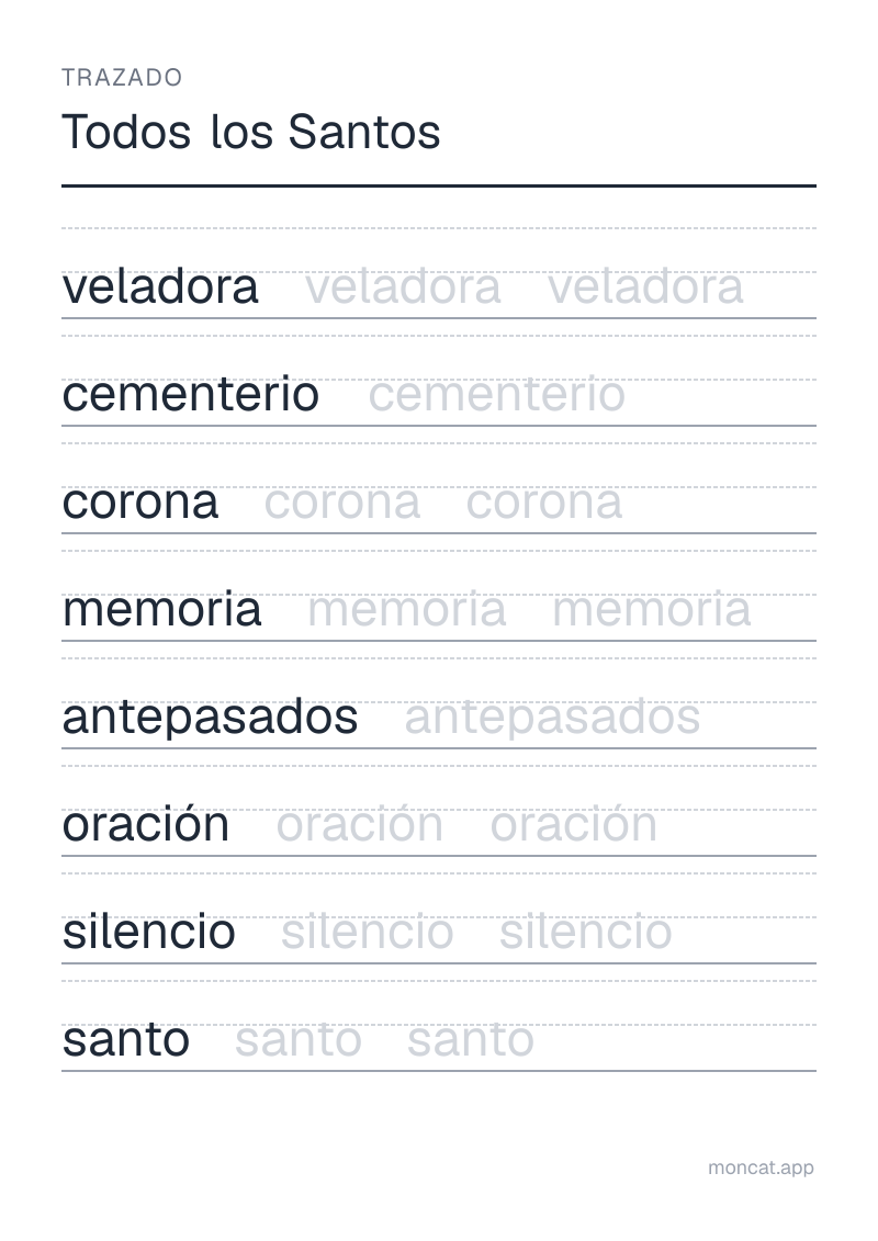 Ejemplo de ficha para imprimir — Trazado sobre «Todos los Santos» con las palabras: veladora, cementerio, corona, memoria, antepasados, oración, silencio, santo