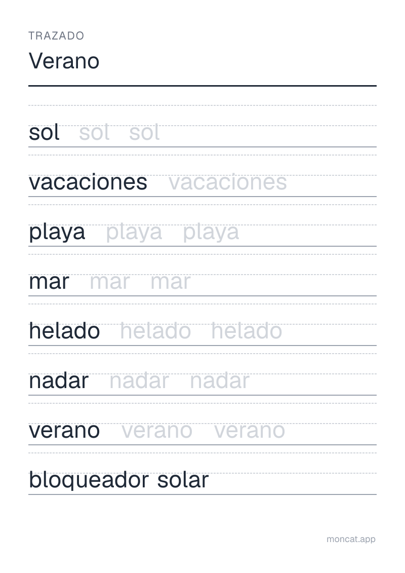 Ejemplo de ficha para imprimir — Trazado sobre «Verano» con las palabras: sol, vacaciones, playa, mar, helado, nadar, verano, bloqueador solar