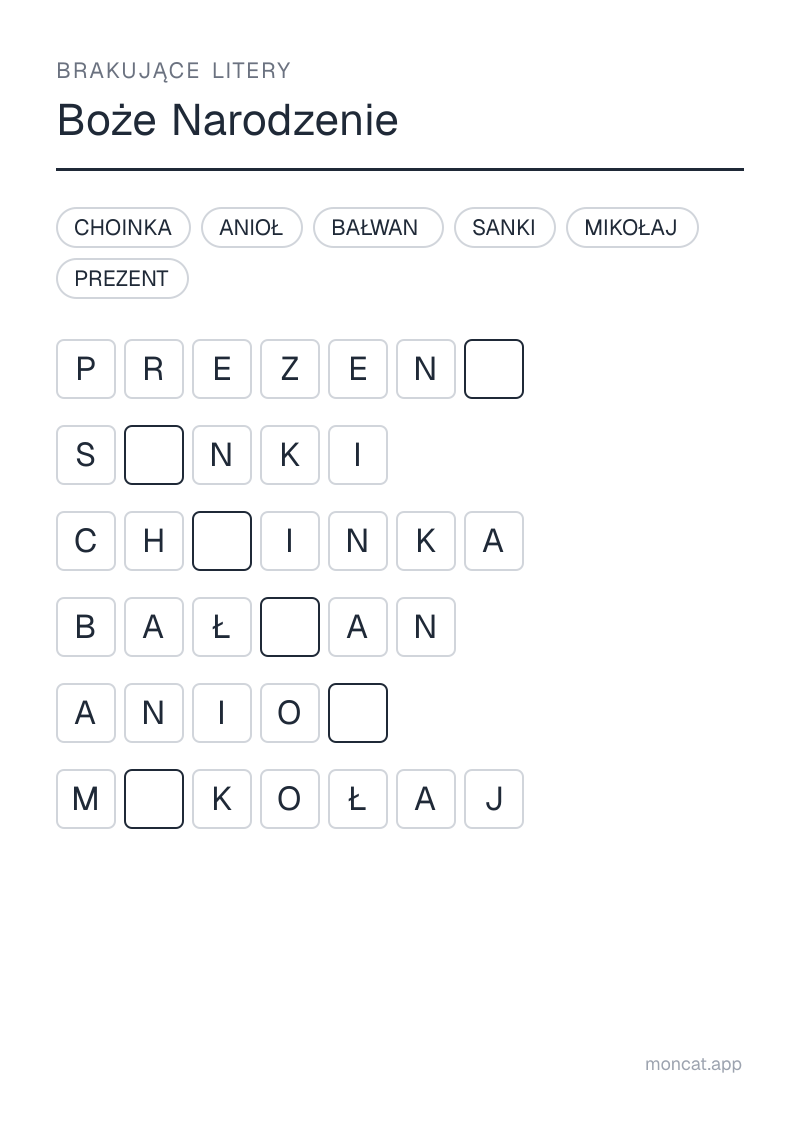 Przykładowa karta pracy do wydruku — Brakujące litery na temat „Boże Narodzenie” ze słowami: choinka, prezent, anioł, mikołaj, sanki, bałwan