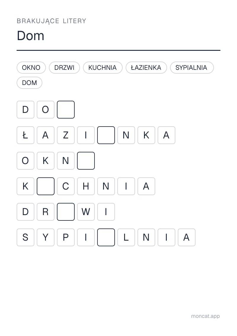 Przykładowa karta pracy do wydruku — Brakujące litery na temat „Dom” ze słowami: dom, kuchnia, łazienka, sypialnia, okno, drzwi