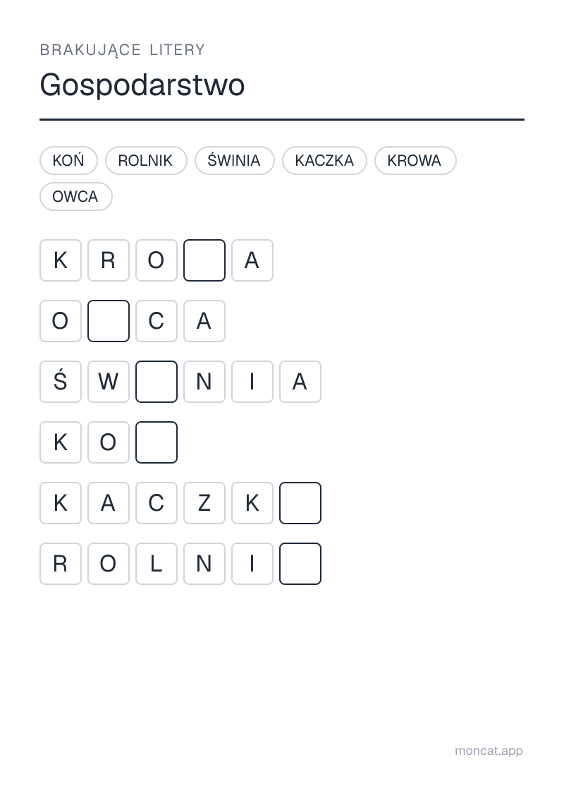 Przykładowa karta pracy do wydruku — Brakujące litery na temat „Gospodarstwo” ze słowami: rolnik, krowa, koń, świnia, owca, kaczka