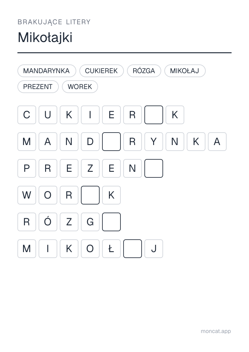 Przykładowa karta pracy do wydruku — Brakujące litery na temat „Mikołajki” ze słowami: mikołaj, prezent, rózga, cukierek, mandarynka, worek