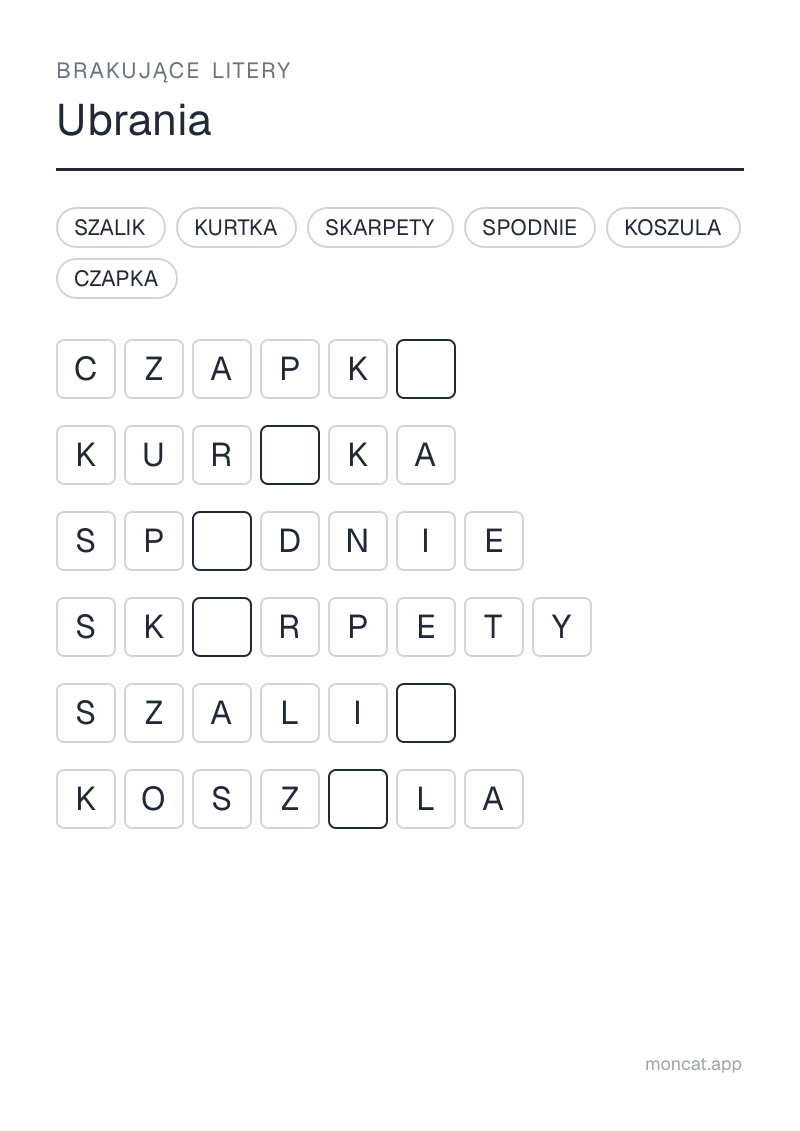 Przykładowa karta pracy do wydruku — Brakujące litery na temat „Ubrania” ze słowami: koszula, spodnie, skarpety, kurtka, czapka, szalik