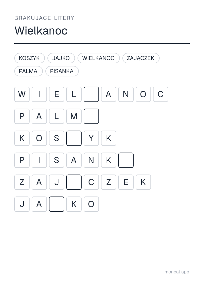 Przykładowa karta pracy do wydruku — Brakujące litery na temat „Wielkanoc” ze słowami: jajko, pisanka, zajączek, koszyk, palma, wielkanoc