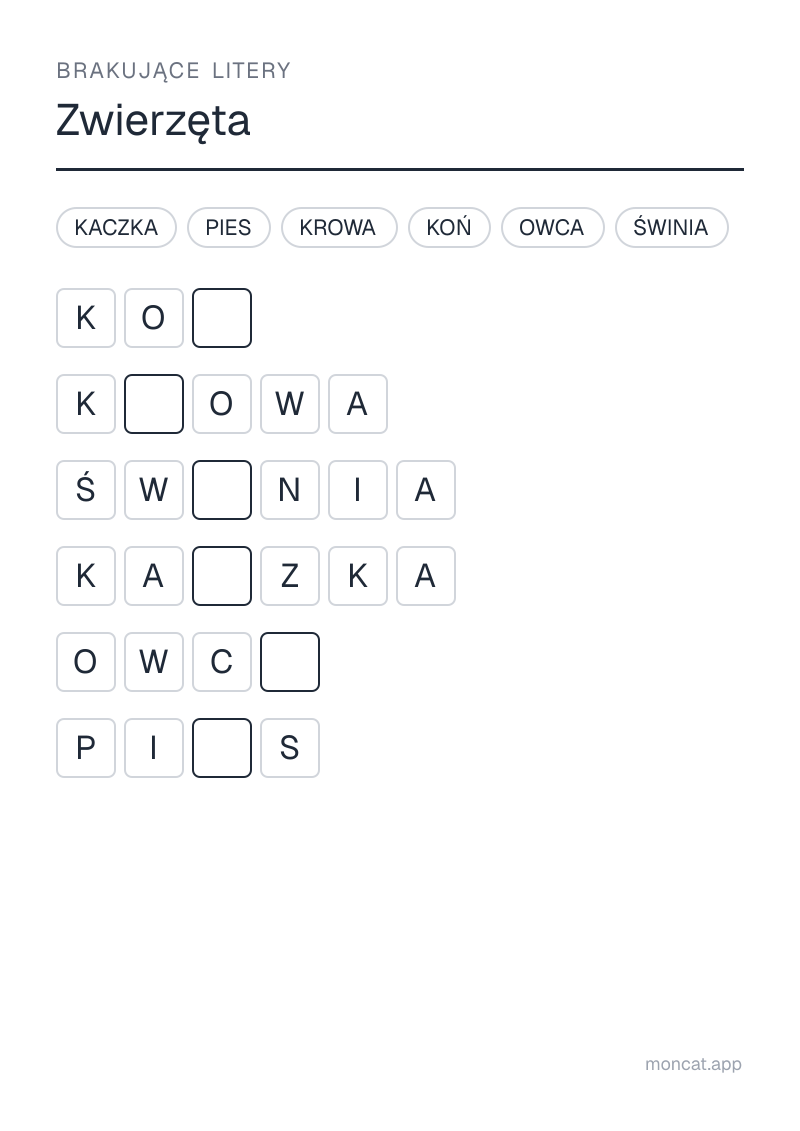Przykładowa karta pracy do wydruku — Brakujące litery na temat „Zwierzęta” ze słowami: pies, krowa, koń, świnia, owca, kaczka