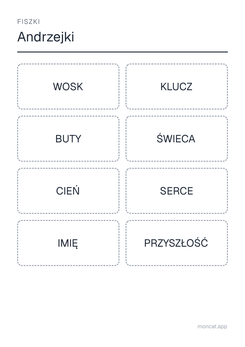 Przykładowa karta pracy do wydruku — Fiszki na temat „Andrzejki” ze słowami: wosk, klucz, buty, świeca, cień, serce, imię, przyszłość