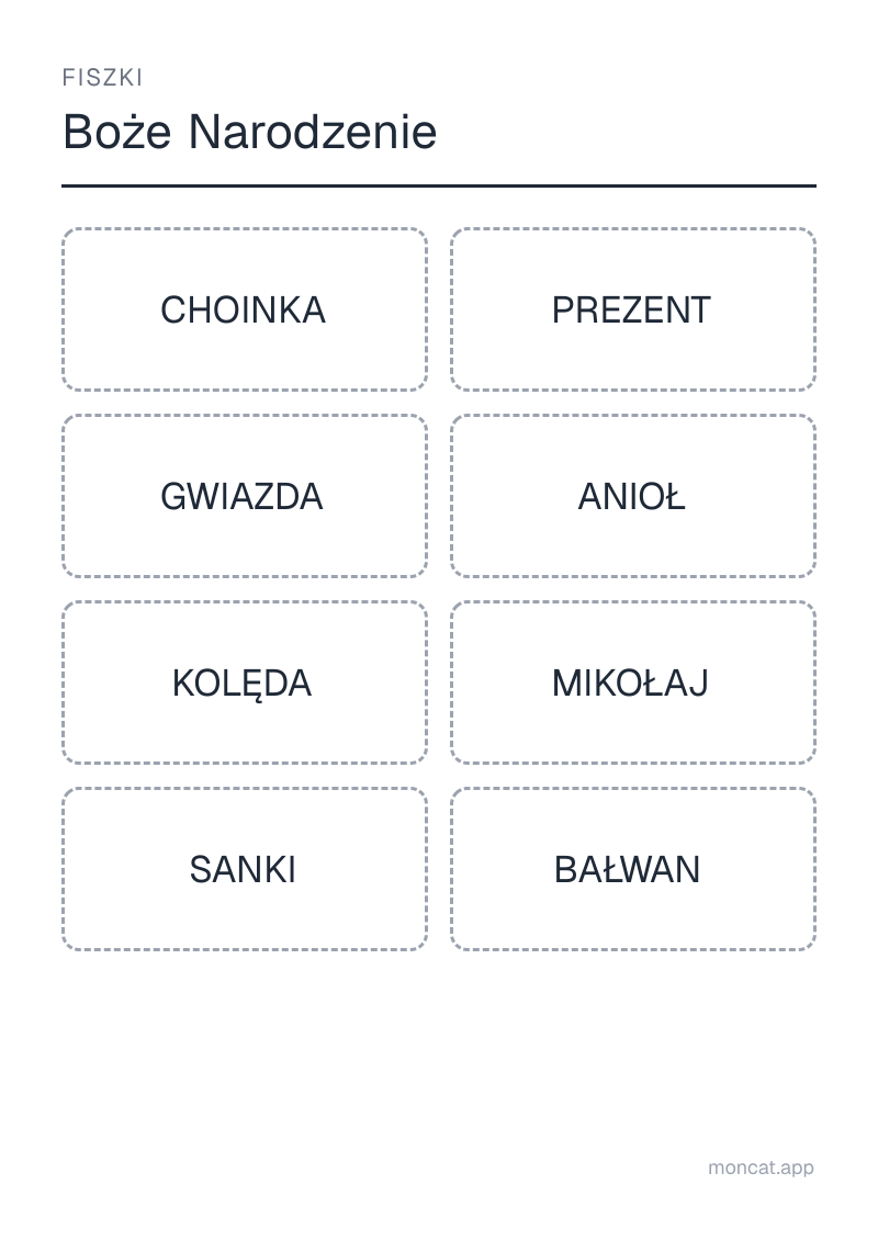 Przykładowa karta pracy do wydruku — Fiszki na temat „Boże Narodzenie” ze słowami: choinka, prezent, gwiazda, anioł, kolęda, mikołaj, sanki, bałwan
