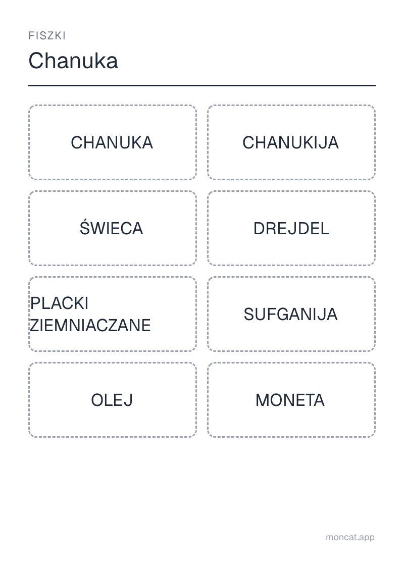 Przykładowa karta pracy do wydruku — Fiszki na temat „Chanuka” ze słowami: chanuka, chanukija, świeca, drejdel, placki ziemniaczane, sufganija, olej, moneta