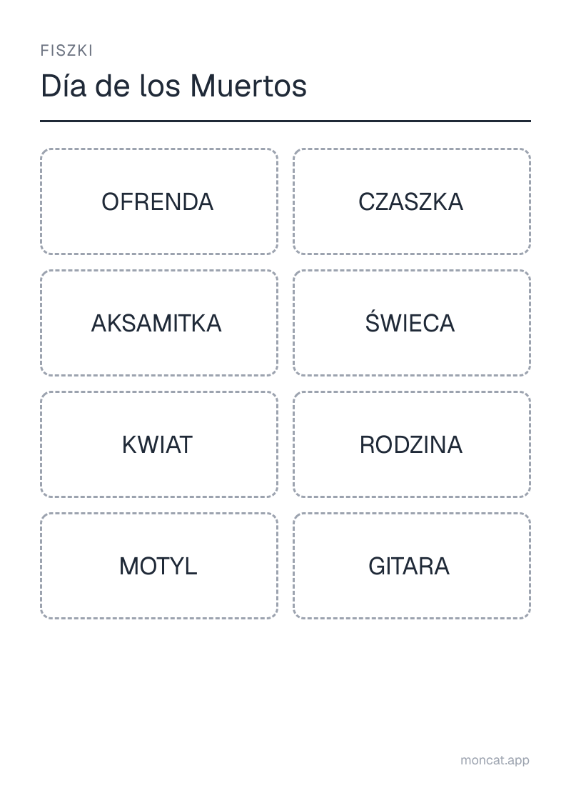 Przykładowa karta pracy do wydruku — Fiszki na temat „Día de los Muertos” ze słowami: ofrenda, czaszka, aksamitka, świeca, kwiat, rodzina, motyl, gitara