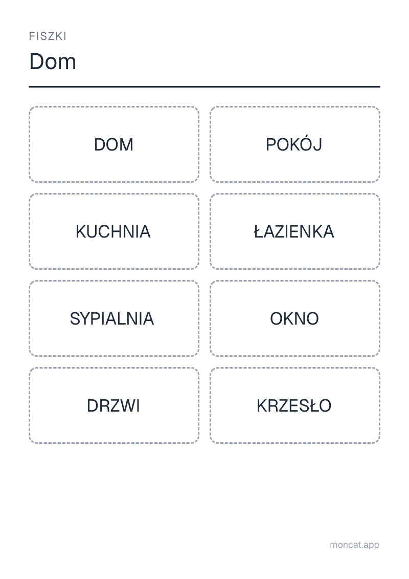 Przykładowa karta pracy do wydruku — Fiszki na temat „Dom” ze słowami: dom, pokój, kuchnia, łazienka, sypialnia, okno, drzwi, krzesło