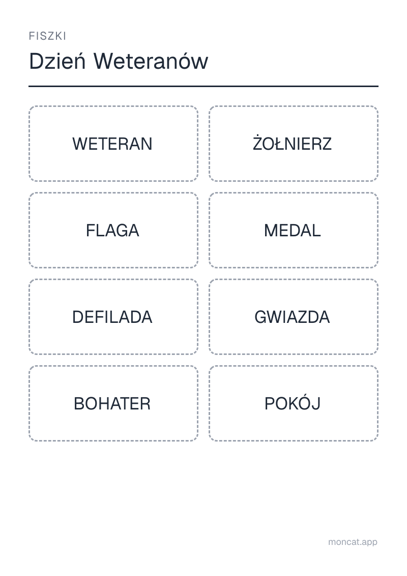 Przykładowa karta pracy do wydruku — Fiszki na temat „Dzień Weteranów” ze słowami: weteran, żołnierz, flaga, medal, defilada, gwiazda, bohater, pokój