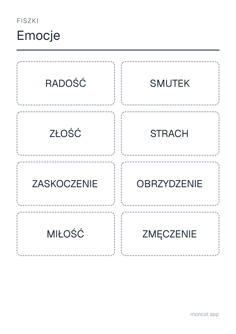 Przykładowa karta pracy do wydruku — Fiszki na temat „Emocje” ze słowami: radość, smutek, złość, strach, zaskoczenie, obrzydzenie, miłość, zmęczenie