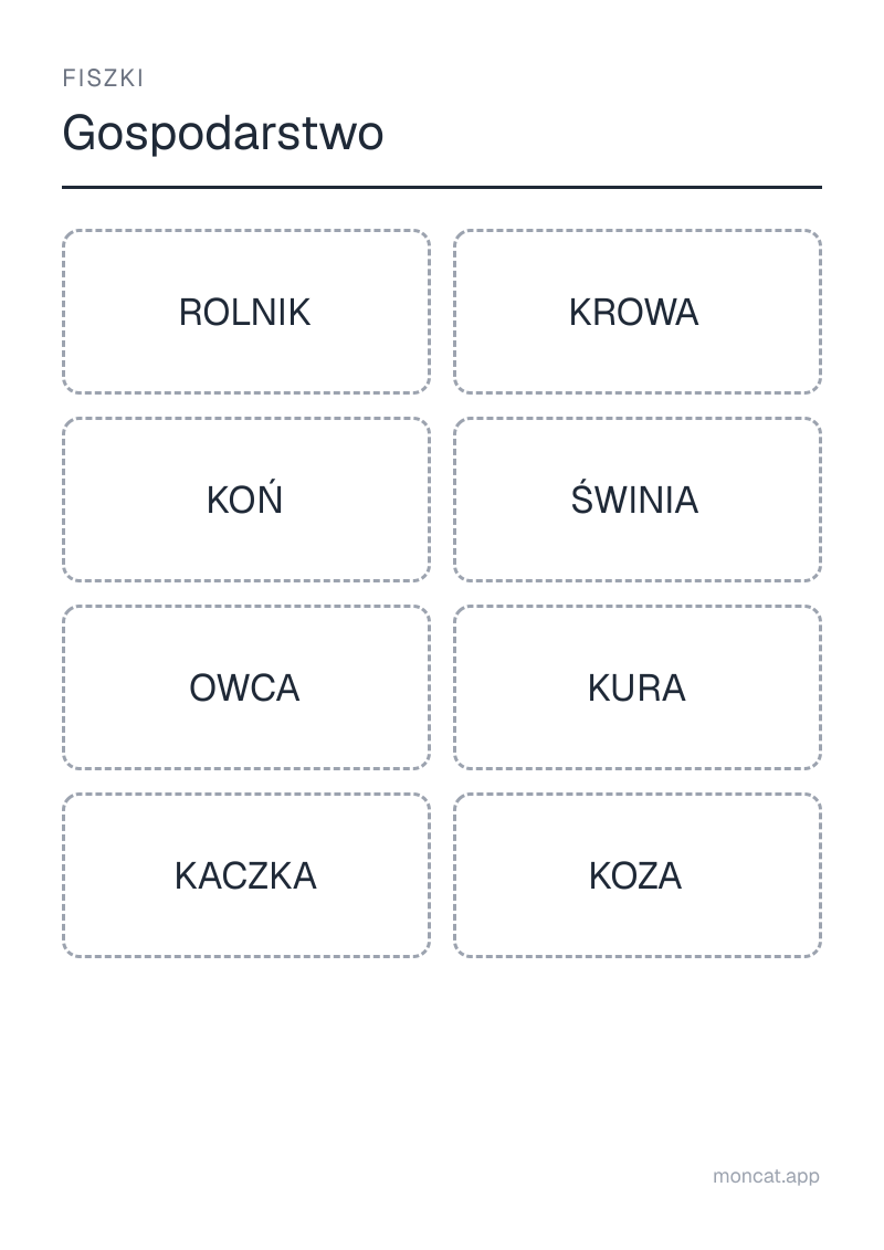Przykładowa karta pracy do wydruku — Fiszki na temat „Gospodarstwo” ze słowami: rolnik, krowa, koń, świnia, owca, kura, kaczka, koza