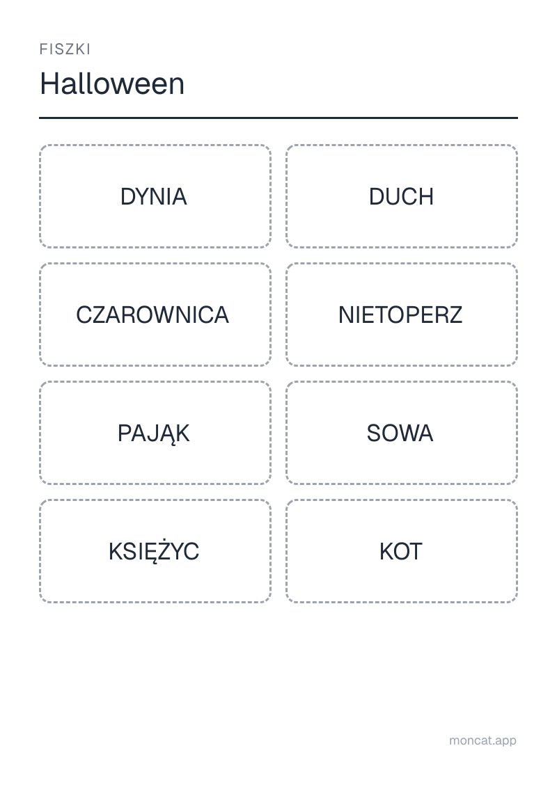 Przykładowa karta pracy do wydruku — Fiszki na temat „Halloween” ze słowami: dynia, duch, czarownica, nietoperz, pająk, sowa, księżyc, kot
