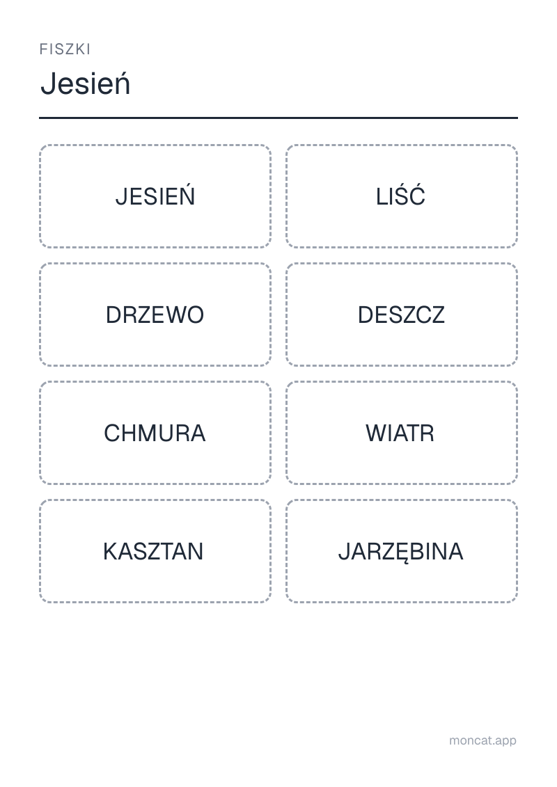 Przykładowa karta pracy do wydruku — Fiszki na temat „Jesień” ze słowami: jesień, liść, drzewo, deszcz, chmura, wiatr, kasztan, jarzębina