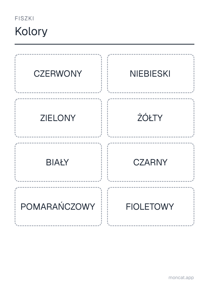 Przykładowa karta pracy do wydruku — Fiszki na temat „Kolory” ze słowami: czerwony, niebieski, zielony, żółty, biały, czarny, pomarańczowy, fioletowy