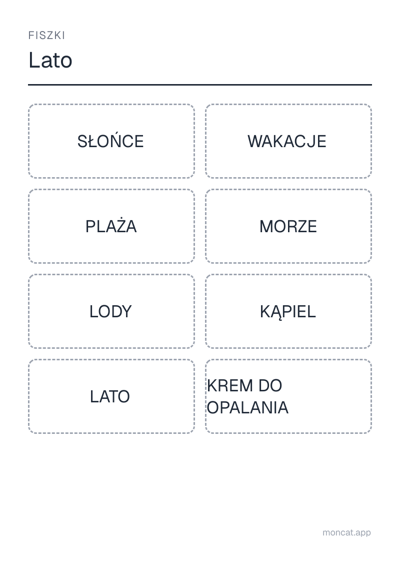 Przykładowa karta pracy do wydruku — Fiszki na temat „Lato” ze słowami: słońce, wakacje, plaża, morze, lody, kąpiel, lato, krem do opalania