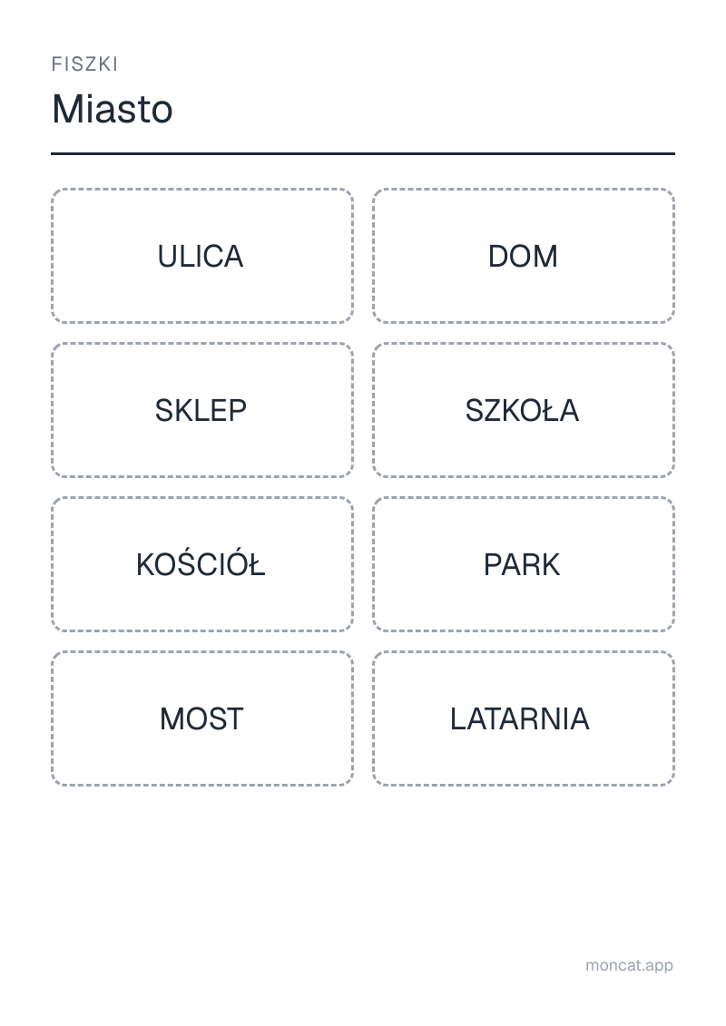 Przykładowa karta pracy do wydruku — Fiszki na temat „Miasto” ze słowami: ulica, dom, sklep, szkoła, kościół, park, most, latarnia