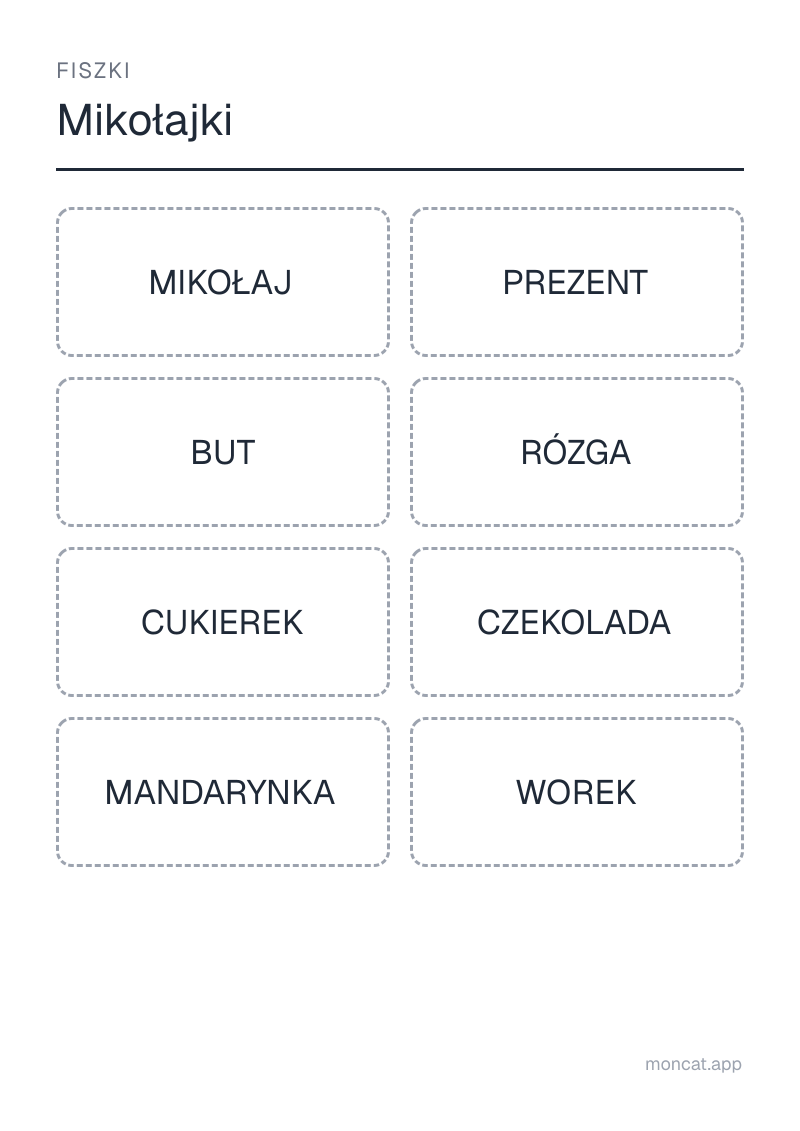 Przykładowa karta pracy do wydruku — Fiszki na temat „Mikołajki” ze słowami: mikołaj, prezent, but, rózga, cukierek, czekolada, mandarynka, worek