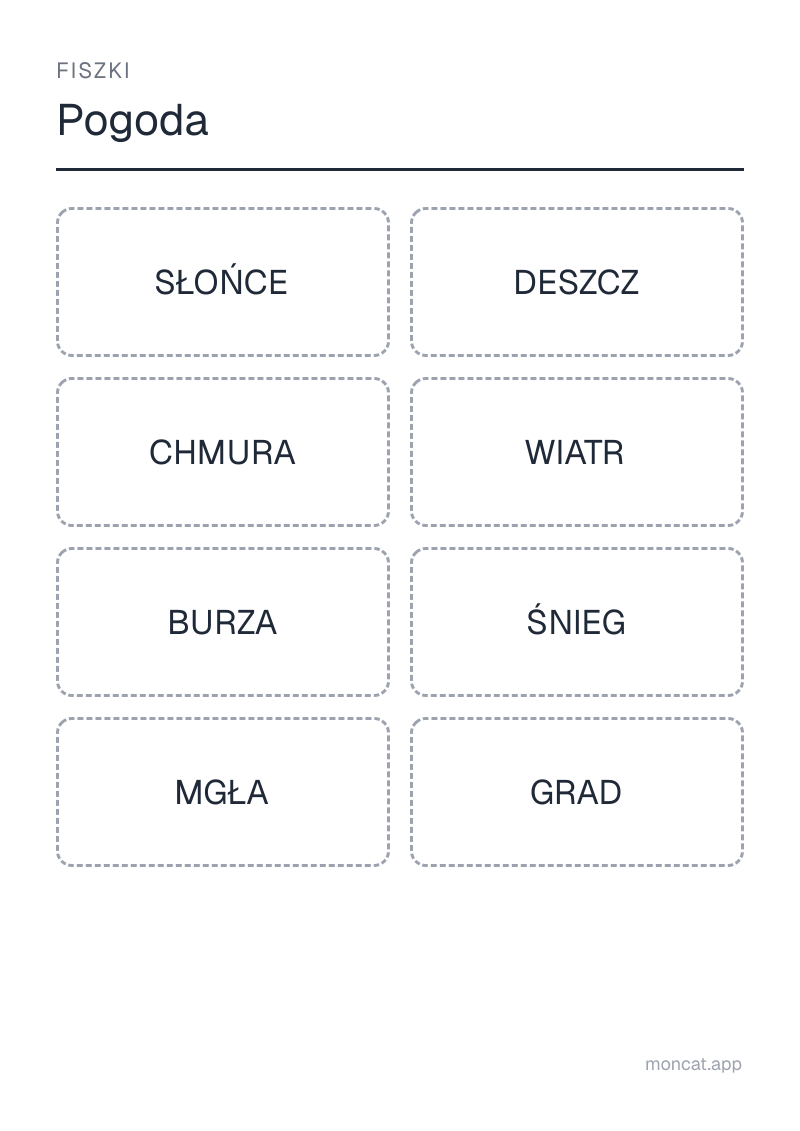 Przykładowa karta pracy do wydruku — Fiszki na temat „Pogoda” ze słowami: słońce, deszcz, chmura, wiatr, burza, śnieg, mgła, grad