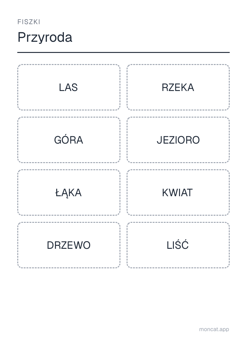 Przykładowa karta pracy do wydruku — Fiszki na temat „Przyroda” ze słowami: las, rzeka, góra, jezioro, łąka, kwiat, drzewo, liść