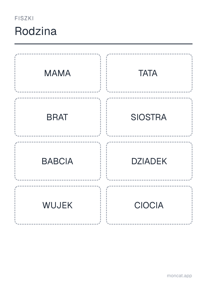 Przykładowa karta pracy do wydruku — Fiszki na temat „Rodzina” ze słowami: mama, tata, brat, siostra, babcia, dziadek, wujek, ciocia
