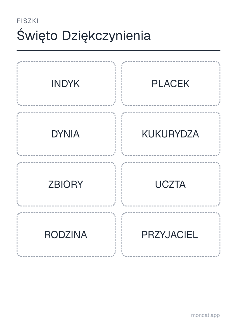 Przykładowa karta pracy do wydruku — Fiszki na temat „Święto Dziękczynienia” ze słowami: indyk, placek, dynia, kukurydza, zbiory, uczta, rodzina, przyjaciel