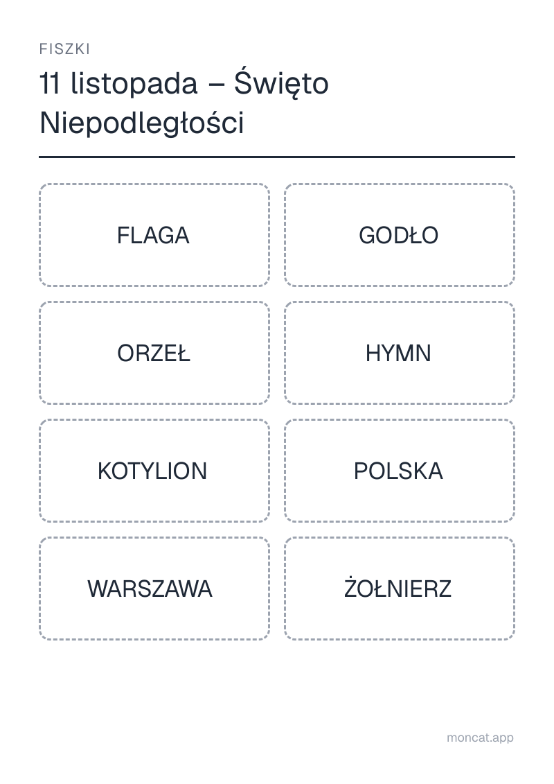 Przykładowa karta pracy do wydruku — Fiszki na temat „11 listopada – Święto Niepodległości” ze słowami: flaga, godło, orzeł, hymn, kotylion, polska, warszawa, żołnierz