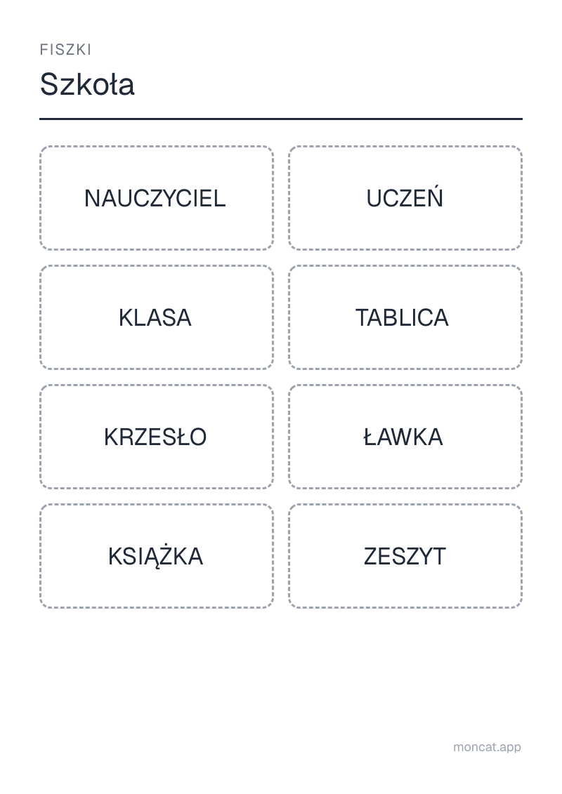 Przykładowa karta pracy do wydruku — Fiszki na temat „Szkoła” ze słowami: nauczyciel, uczeń, klasa, tablica, krzesło, ławka, książka, zeszyt