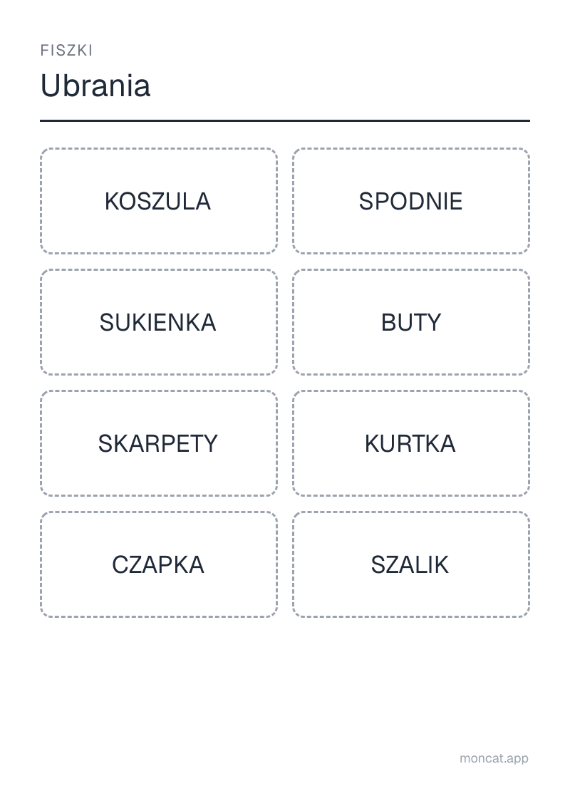 Przykładowa karta pracy do wydruku — Fiszki na temat „Ubrania” ze słowami: koszula, spodnie, sukienka, buty, skarpety, kurtka, czapka, szalik