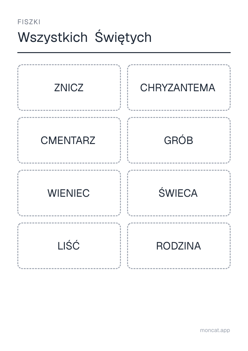 Przykładowa karta pracy do wydruku — Fiszki na temat „Wszystkich Świętych” ze słowami: znicz, chryzantema, cmentarz, grób, wieniec, świeca, liść, rodzina