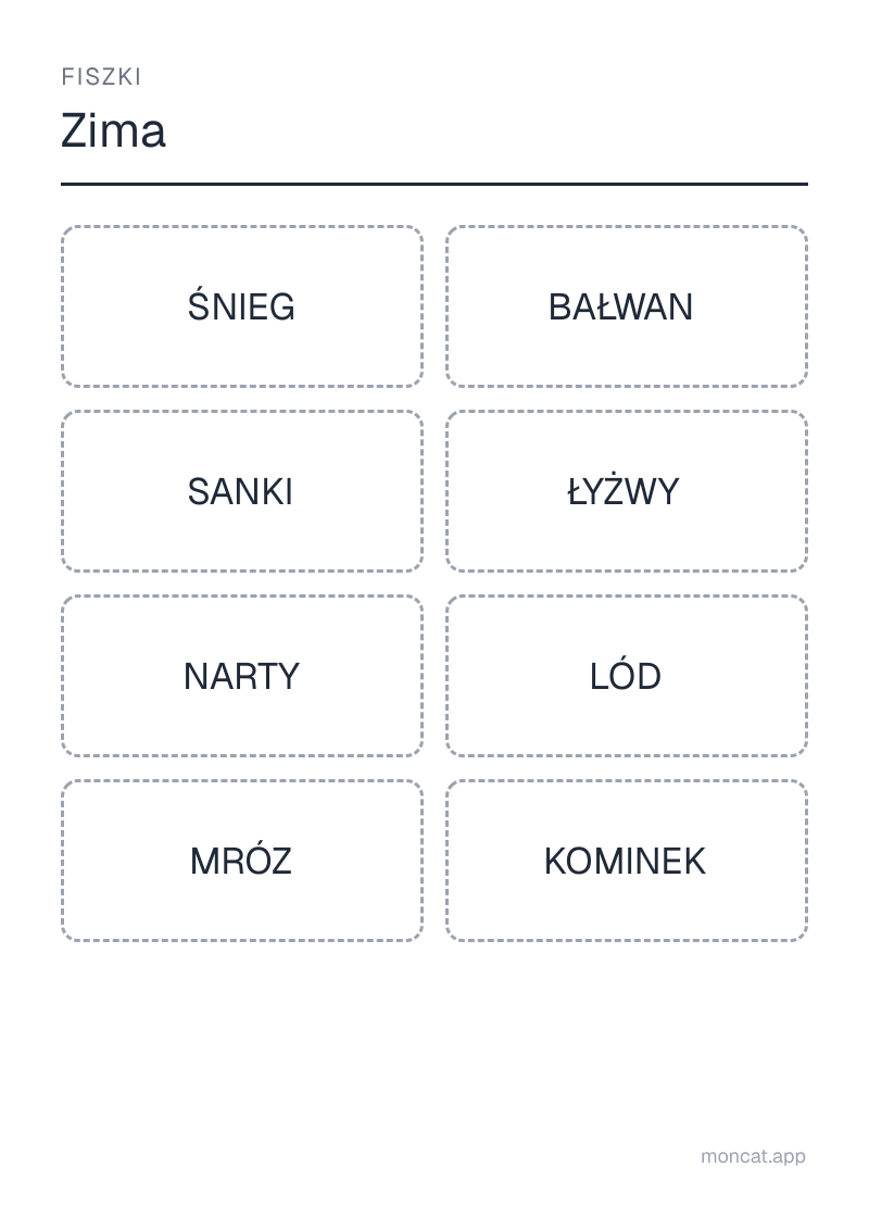 Przykładowa karta pracy do wydruku — Fiszki na temat „Zima” ze słowami: śnieg, bałwan, sanki, łyżwy, narty, lód, mróz, kominek