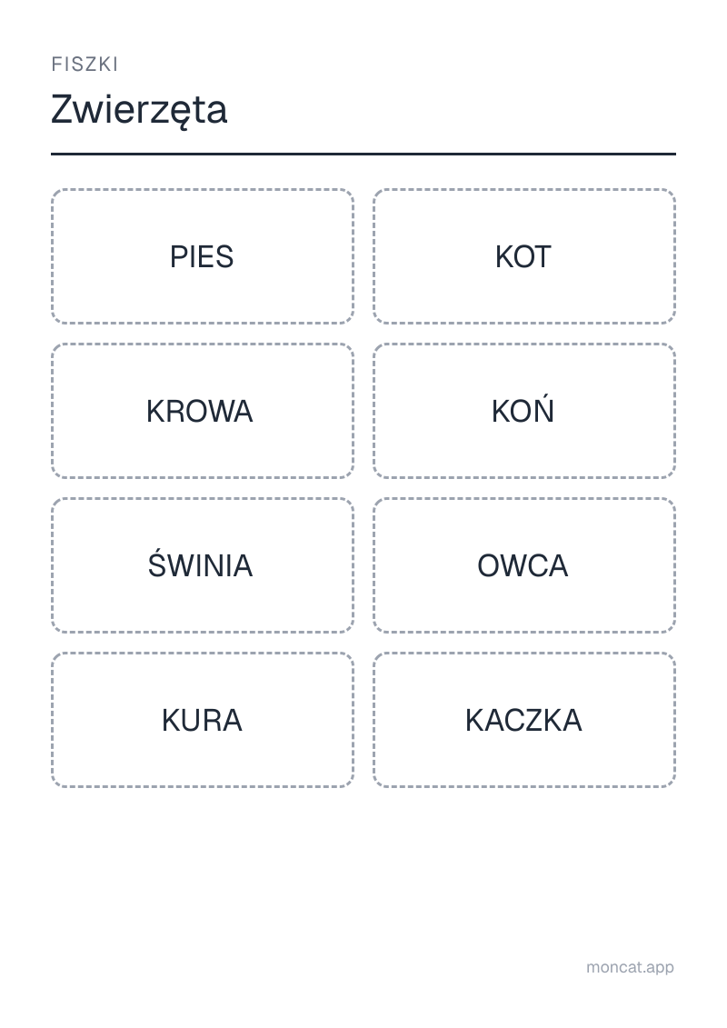 Przykładowa karta pracy do wydruku — Fiszki na temat „Zwierzęta” ze słowami: pies, kot, krowa, koń, świnia, owca, kura, kaczka
