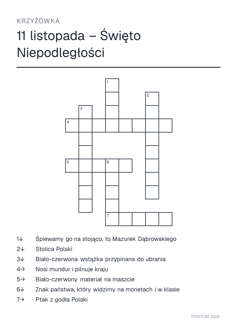 Przykładowa karta pracy do wydruku — Krzyżówka na temat „11 listopada – Święto Niepodległości” ze słowami: flaga, godło, orzeł, hymn, kotylion, warszawa, żołnierz