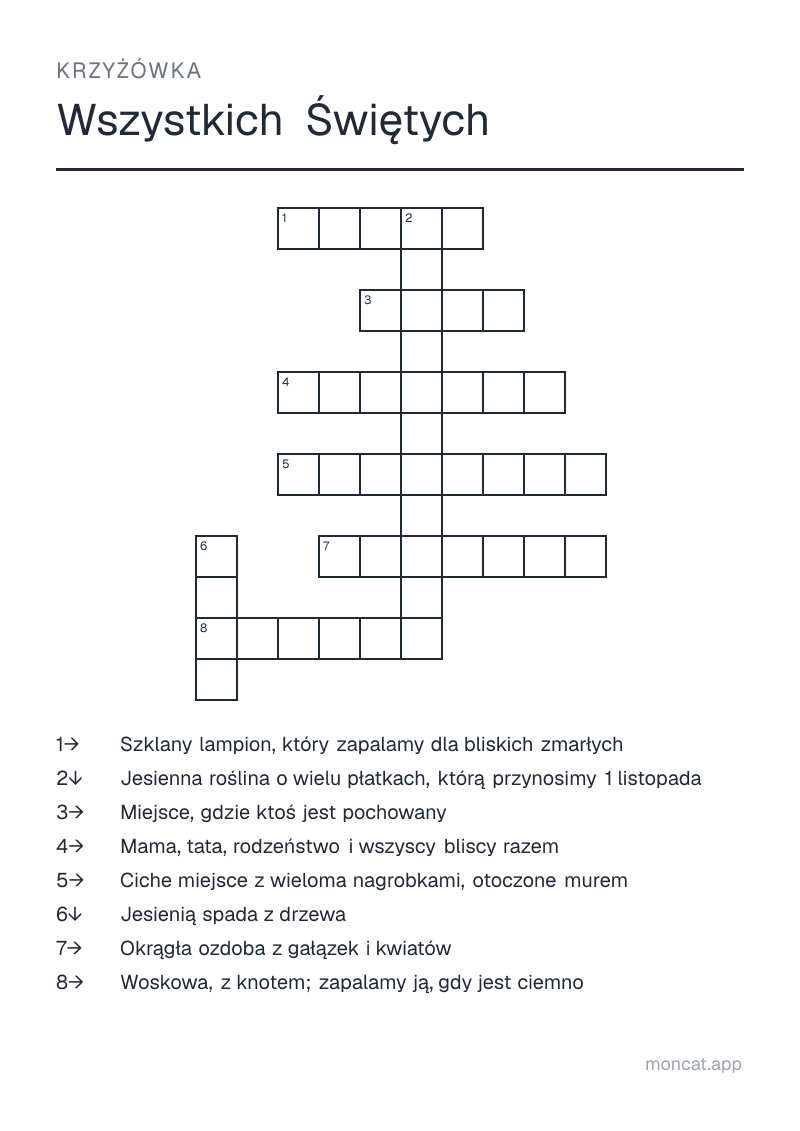 Przykładowa karta pracy do wydruku — Krzyżówka na temat „Wszystkich Świętych” ze słowami: znicz, chryzantema, cmentarz, grób, wieniec, świeca, liść, rodzina