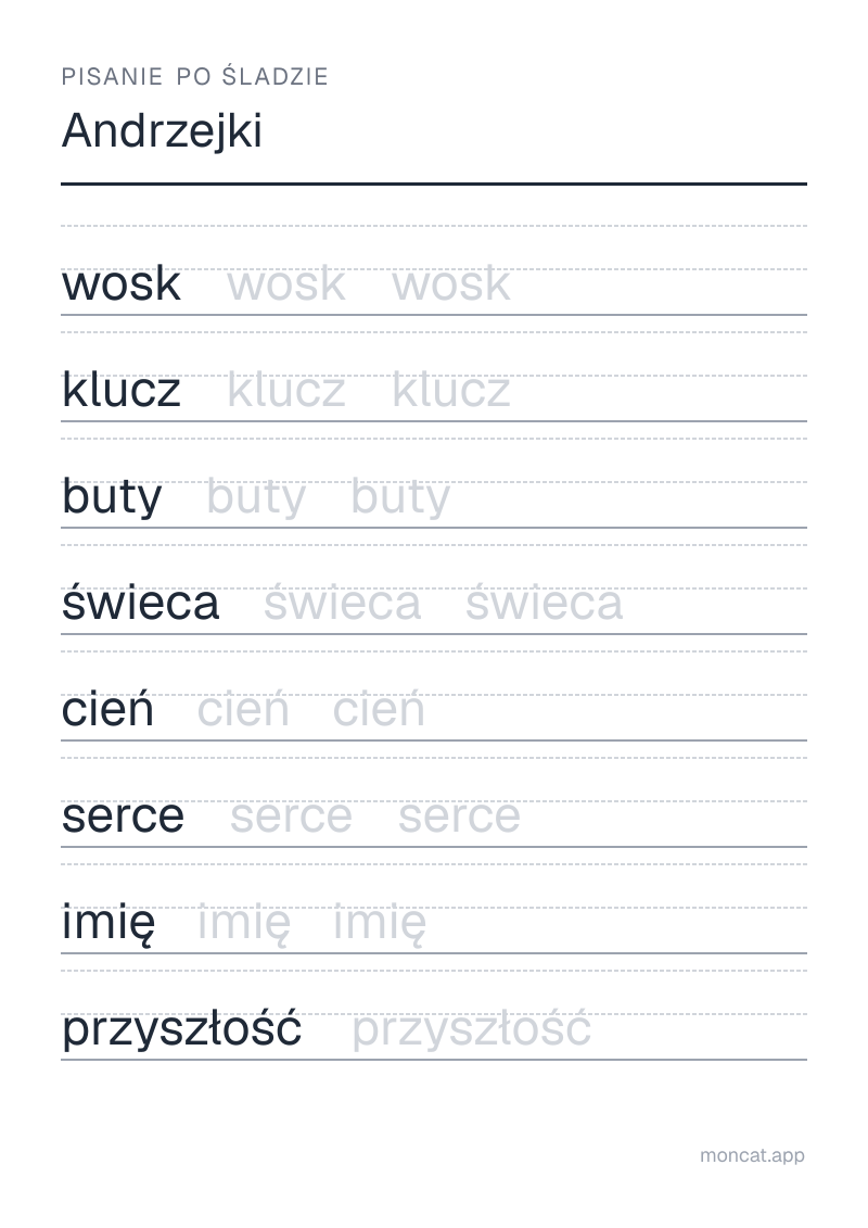 Przykładowa karta pracy do wydruku — Pisanie po śladzie na temat „Andrzejki” ze słowami: wosk, klucz, buty, świeca, cień, serce, imię, przyszłość