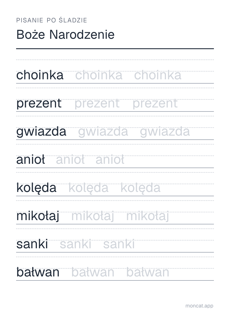 Przykładowa karta pracy do wydruku — Pisanie po śladzie na temat „Boże Narodzenie” ze słowami: choinka, prezent, gwiazda, anioł, kolęda, mikołaj, sanki, bałwan
