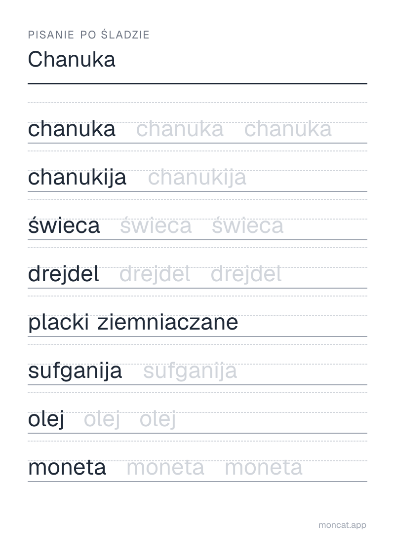 Przykładowa karta pracy do wydruku — Pisanie po śladzie na temat „Chanuka” ze słowami: chanuka, chanukija, świeca, drejdel, placki ziemniaczane, sufganija, olej, moneta