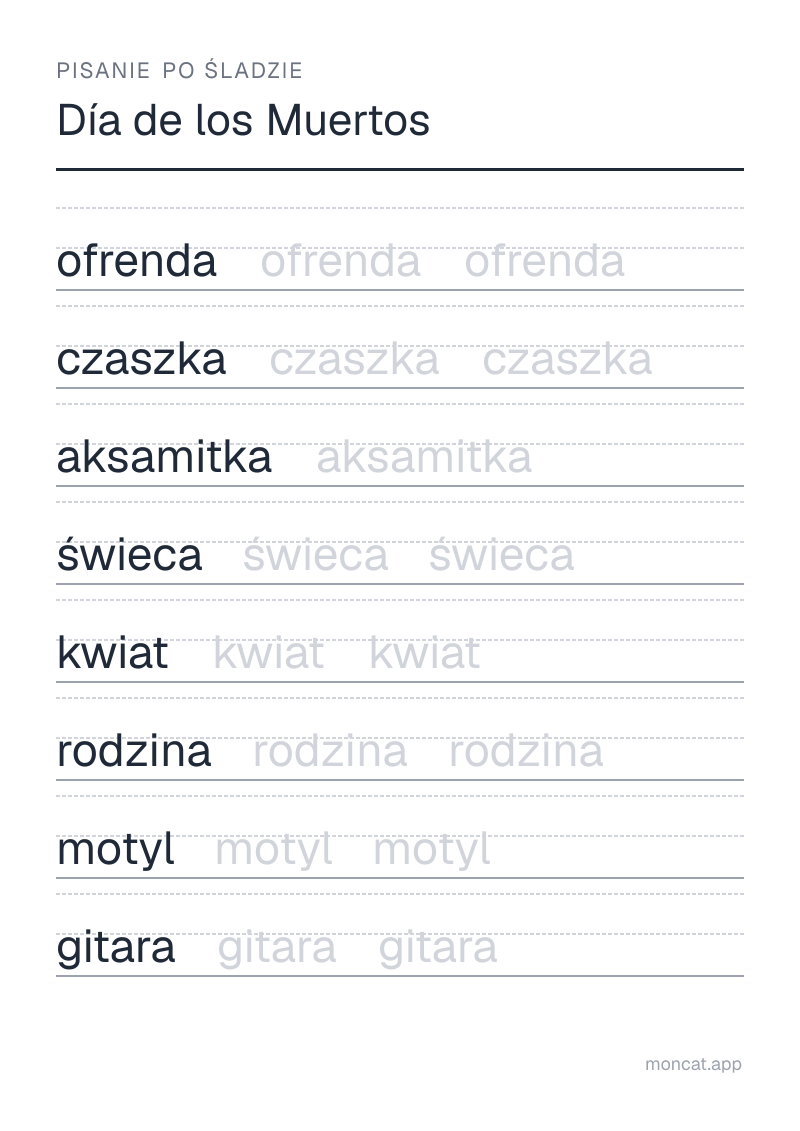 Przykładowa karta pracy do wydruku — Pisanie po śladzie na temat „Día de los Muertos” ze słowami: ofrenda, czaszka, aksamitka, świeca, kwiat, rodzina, motyl, gitara