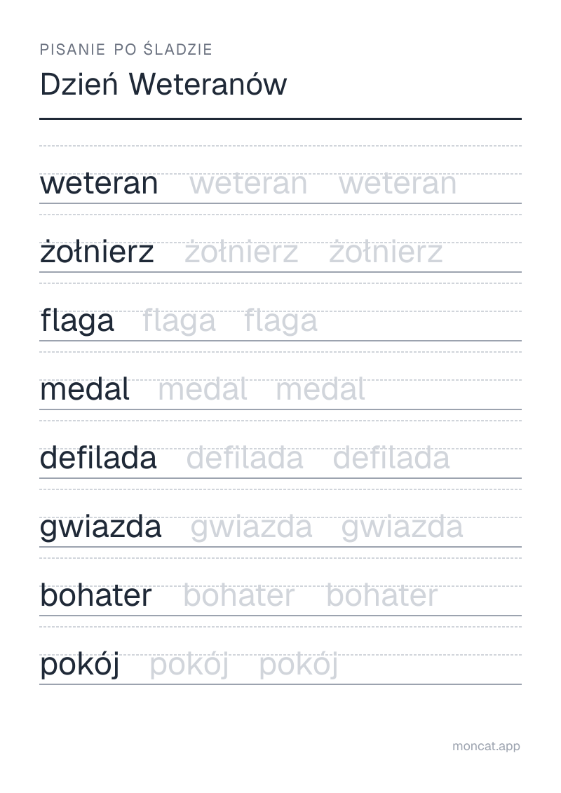 Przykładowa karta pracy do wydruku — Pisanie po śladzie na temat „Dzień Weteranów” ze słowami: weteran, żołnierz, flaga, medal, defilada, gwiazda, bohater, pokój