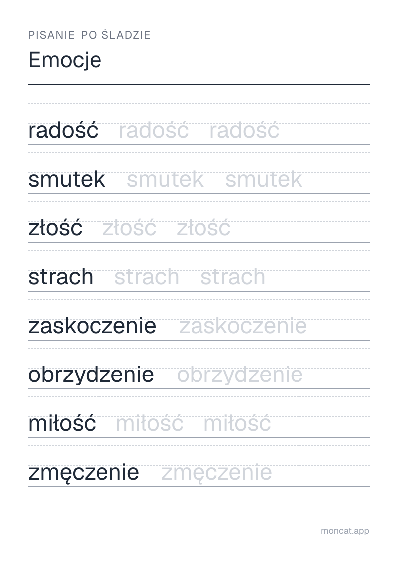 Przykładowa karta pracy do wydruku — Pisanie po śladzie na temat „Emocje” ze słowami: radość, smutek, złość, strach, zaskoczenie, obrzydzenie, miłość, zmęczenie