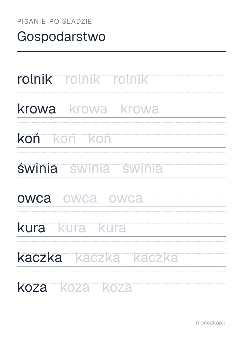 Przykładowa karta pracy do wydruku — Pisanie po śladzie na temat „Gospodarstwo” ze słowami: rolnik, krowa, koń, świnia, owca, kura, kaczka, koza