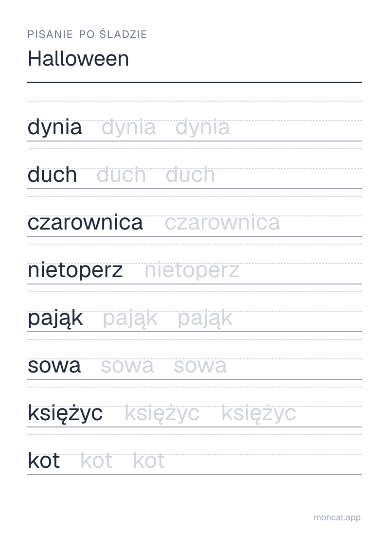 Przykładowa karta pracy do wydruku — Pisanie po śladzie na temat „Halloween” ze słowami: dynia, duch, czarownica, nietoperz, pająk, sowa, księżyc, kot
