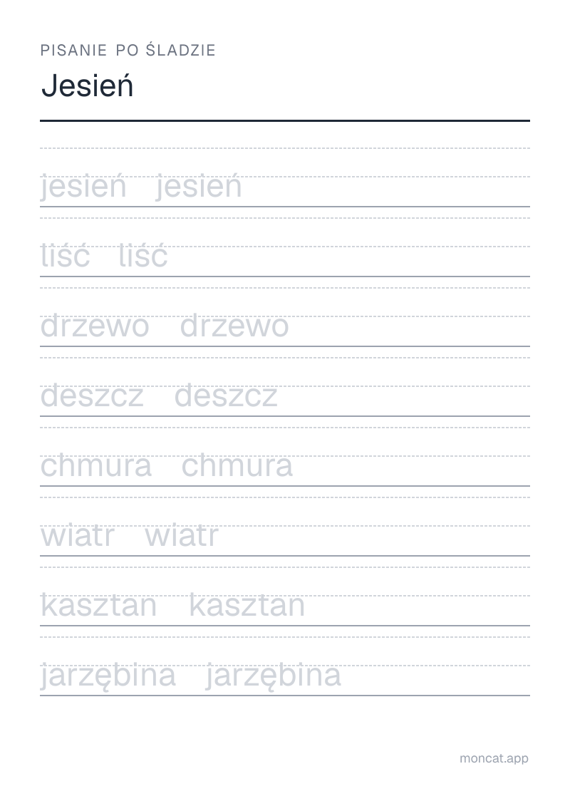 Przykładowa karta pracy do wydruku — Pisanie po śladzie na temat „Jesień” ze słowami: jesień, liść, drzewo, deszcz, chmura, wiatr, kasztan, jarzębina