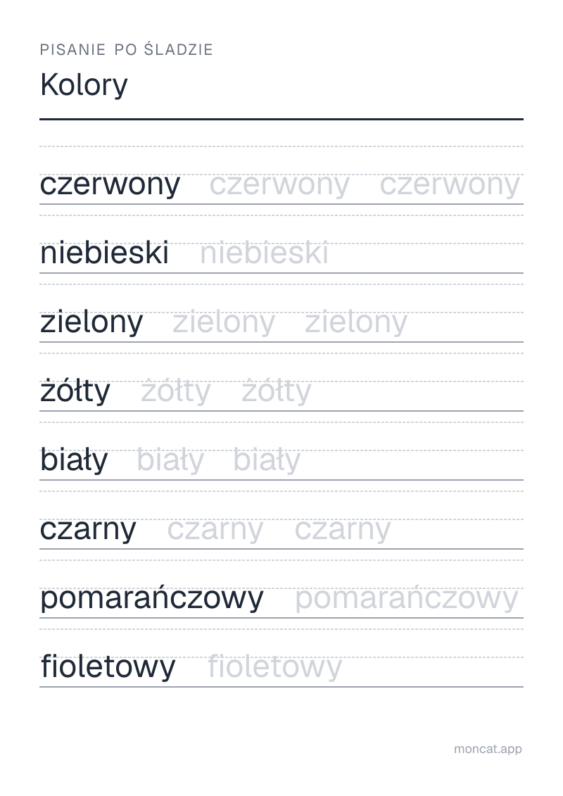 Przykładowa karta pracy do wydruku — Pisanie po śladzie na temat „Kolory” ze słowami: czerwony, niebieski, zielony, żółty, biały, czarny, pomarańczowy, fioletowy