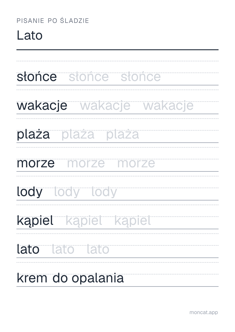 Przykładowa karta pracy do wydruku — Pisanie po śladzie na temat „Lato” ze słowami: słońce, wakacje, plaża, morze, lody, kąpiel, lato, krem do opalania