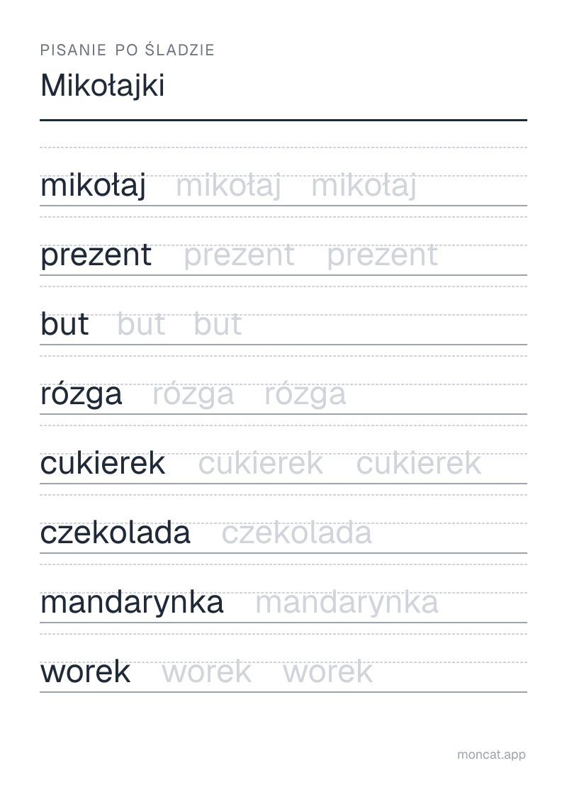 Przykładowa karta pracy do wydruku — Pisanie po śladzie na temat „Mikołajki” ze słowami: mikołaj, prezent, but, rózga, cukierek, czekolada, mandarynka, worek