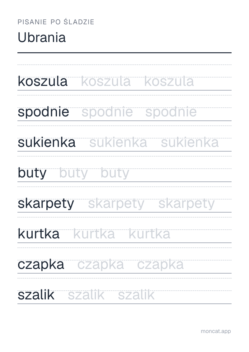 Przykładowa karta pracy do wydruku — Pisanie po śladzie na temat „Ubrania” ze słowami: koszula, spodnie, sukienka, buty, skarpety, kurtka, czapka, szalik
