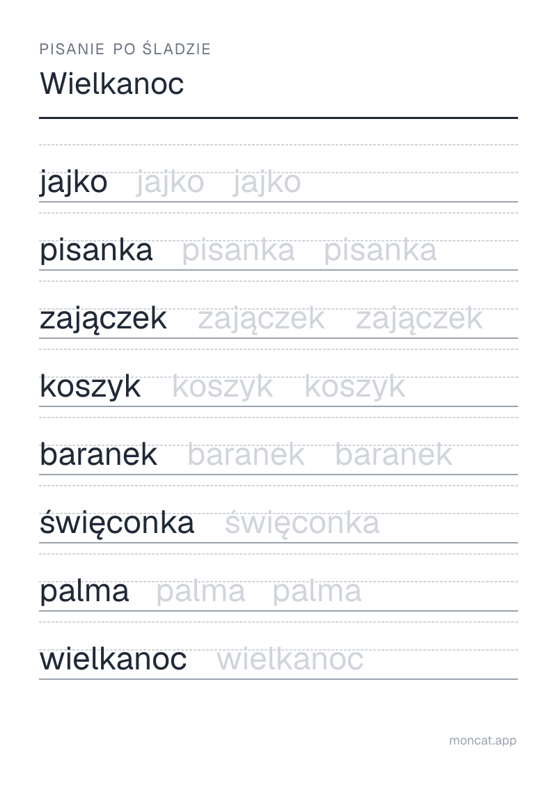 Przykładowa karta pracy do wydruku — Pisanie po śladzie na temat „Wielkanoc” ze słowami: jajko, pisanka, zajączek, koszyk, baranek, święconka, palma, wielkanoc