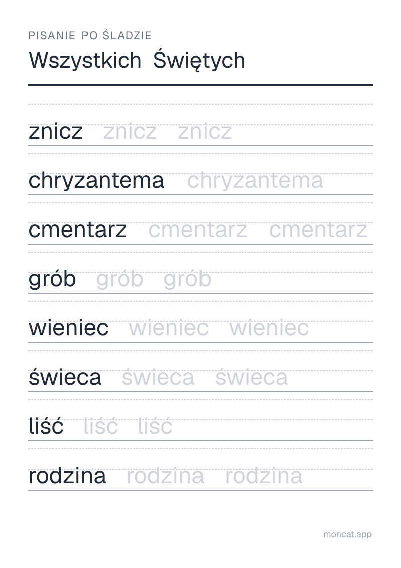 Przykładowa karta pracy do wydruku — Pisanie po śladzie na temat „Wszystkich Świętych” ze słowami: znicz, chryzantema, cmentarz, grób, wieniec, świeca, liść, rodzina